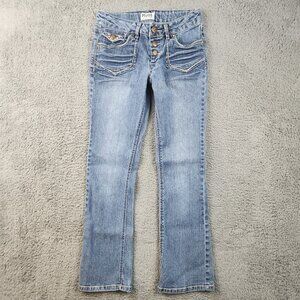 Vintage Mudd Jeans Girls Size 12 Blue Bootcut Pink Stitch Flap Pockets Y2K CUTE!
